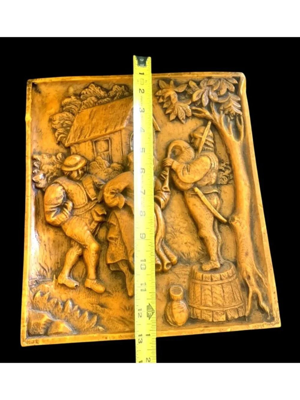 Vtg Belgian Hand-Carved Wax Relief Panel Breughel Style Scene Wall Art
